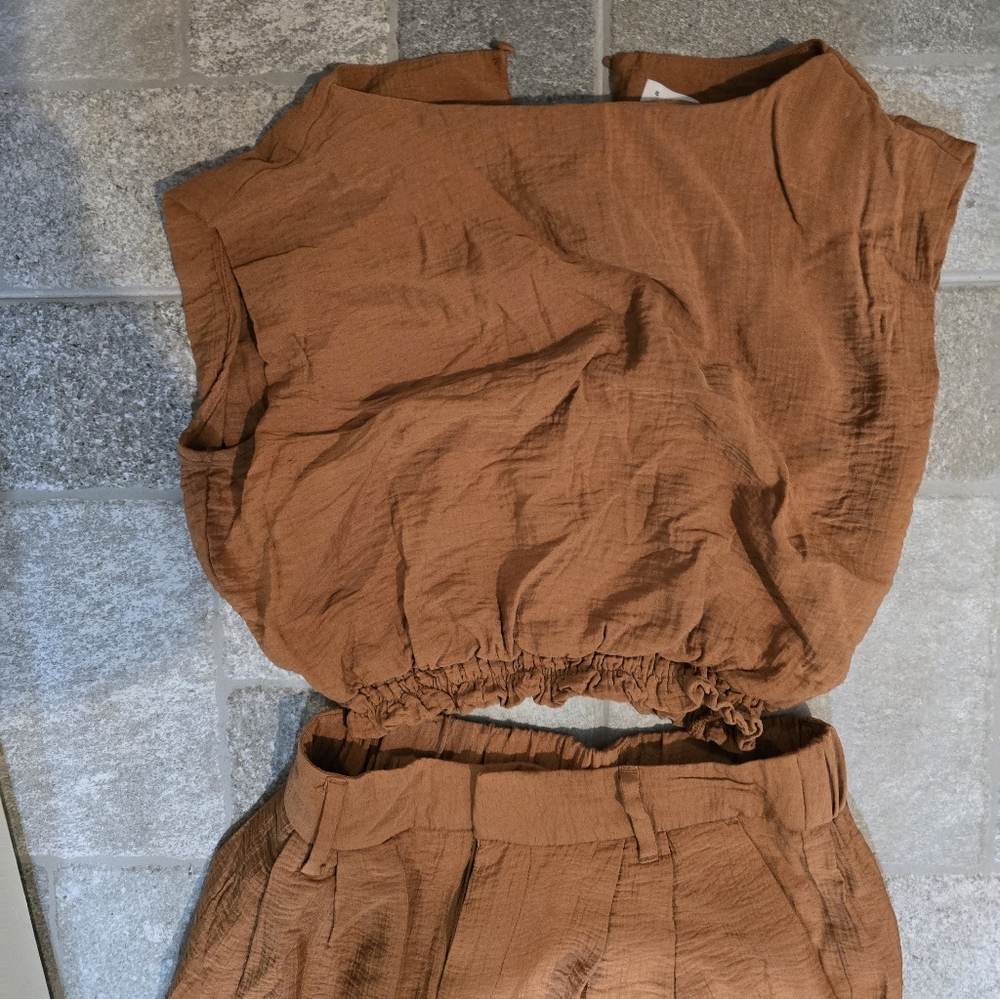 Top And Pants Set Brown Wide Leg Crop Top Tan Brown Orange Burnt XS S 2 A New Da - Picture 4 of 8